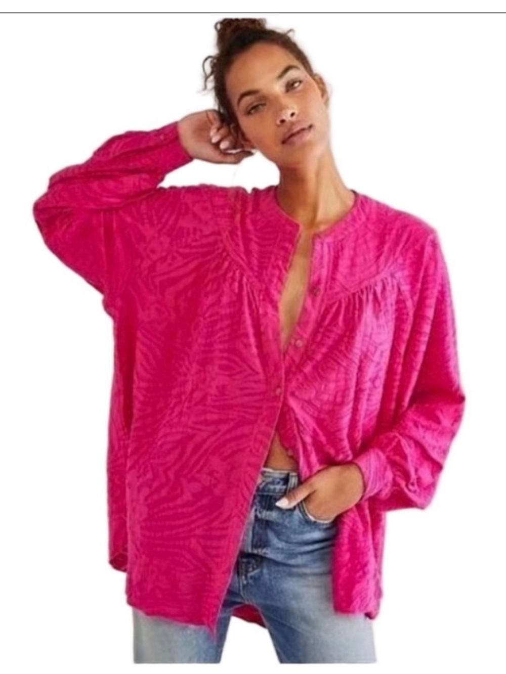 Free People Vibrant Hot Pink Textured Button-Up Tunic